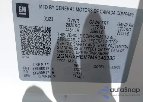 2021 Chevrolet Equinox Fwd Ls из США, поврежденный, VIN 2GNAXHEV7M6146385